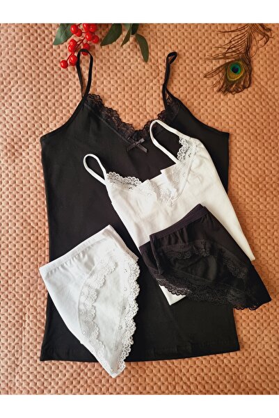 Demirsa Boutique طقم سراويل داخلية نسائية مكونة من قطعتين باللونين الأبيض والأسود مع حزام حبل من الدانتيل