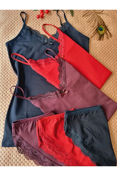 Demirsa Boutique Women's 3-Piece String Strap Tank Top Panties Set (Purple-Burgundy-Dark Blue)
