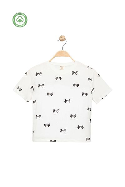 Divonette Girl's Bow Stone Embroidered Short Sleeve T-Shirt -Children's Clothing