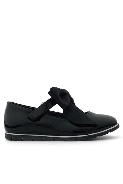 Rakerplus Genuine Leather Black Patent Leather Girls' Ballerinas with Black Ribbon