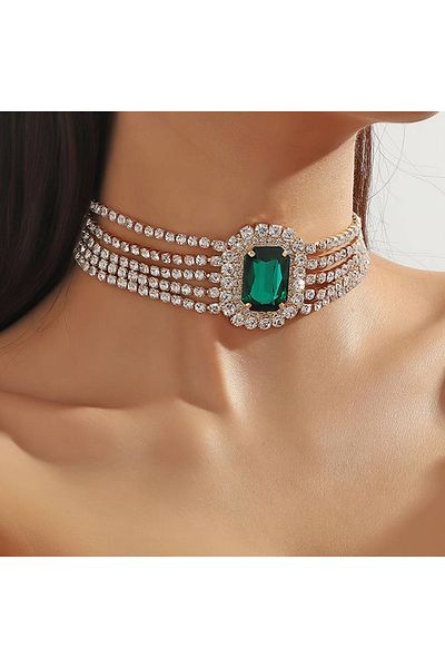 Flaner Paris Aksesuar Retro Trend Diamond Oval Crystal Necklace and Choker Set