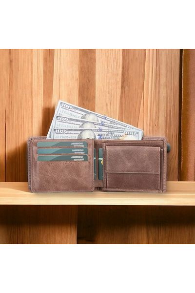 Enseb Leather Wallet, 6 Card and Coin Compartments, Caramel Brown Leather