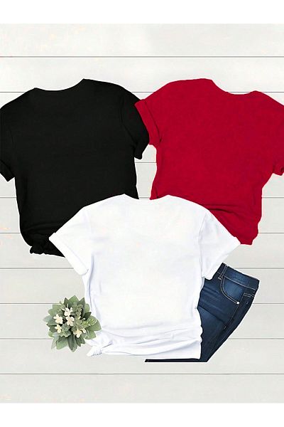 modaberry 3 Pack Usa Countries T-Shirt - Red Black White Printed Oversize Short Sleeve Crew Neck