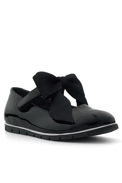 Rakerplus Genuine Leather Black Patent Leather Girls' Ballerinas with Black Ribbon