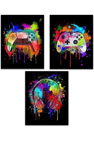 Generic HerZii Prints Watercolor Gaming Posters Set of 3 (8x10), Boys Room Wall Decorations for Bedroom, Ga