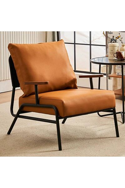 Generic Leather Accent Chair with Wood Armrest, Modern Chair, Lounge Armchair, Metal Framed Orange
