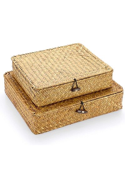 Generic Hipiwe Set of 2 Flat Woven Wicker Storage Bins with Lid Natural Seagrass Basket Boxes Multipurpose