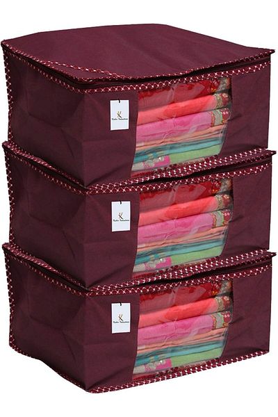 Generic Kuber IndUStries 3 Piece Non Woven Clothes Organizer Set, Maroon (46 Cm X 35 Cm X 22 Cm)