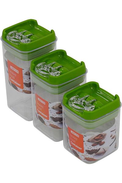 Generic Lawazim Sealed Food Container - 3 Piece Square Green - Transparent BPA-Free Plastic Jars with Lids