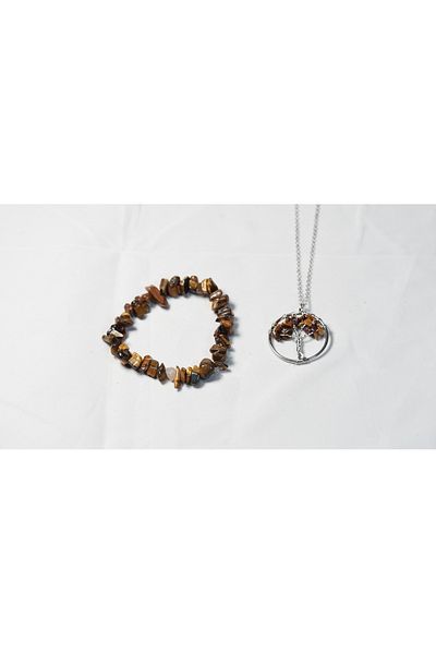 Efulim Hediyelik Natural Stone Double Set - Tiger Eye Bracelet & Tree of Life Necklace - Unisex Energy Jewelry