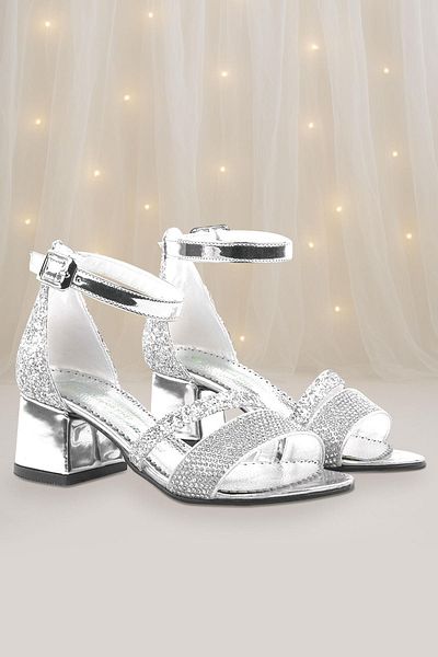 Sarıkaya Pantofi de seară pentru fete cu bretele cu toc gros Anna Silver Glitter