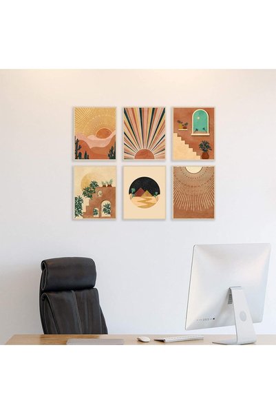KBKBART Boho Wall Art Prints Set of 6, Mid-Century Modern Neutral Geometric Canvas Artwork