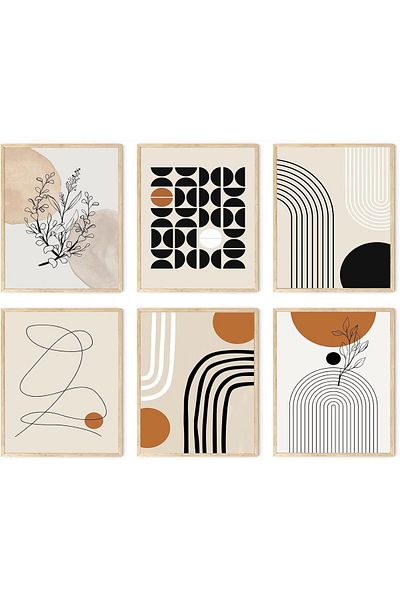 Generic Abstract Boho Wall Art Prints Set of 6, Minimalist Geometric Boho Wall Art Orange Beige Palm Leaf L