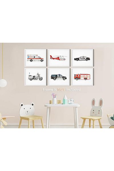Generic Watercolor Rescue Vehicle Wall Art Print - Cute Transportation Cartoon Car Artwork for Nursery, Boy