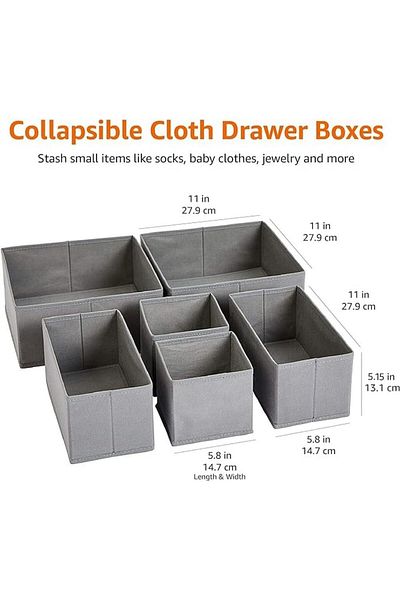 Generic Amazon Basics Cloth Drawer Storage Organizer Boxes, Set of 6, Gray