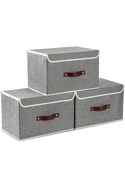 Generic Mylindde Storage Bins with Lids, 3 Pack Foldable Storage Boxes with Lids and Leather Handle, Closet