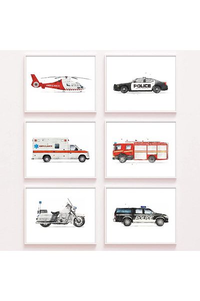 Generic Watercolor Rescue Vehicle Wall Art Print - Cute Transportation Cartoon Car Artwork for Nursery, Boy