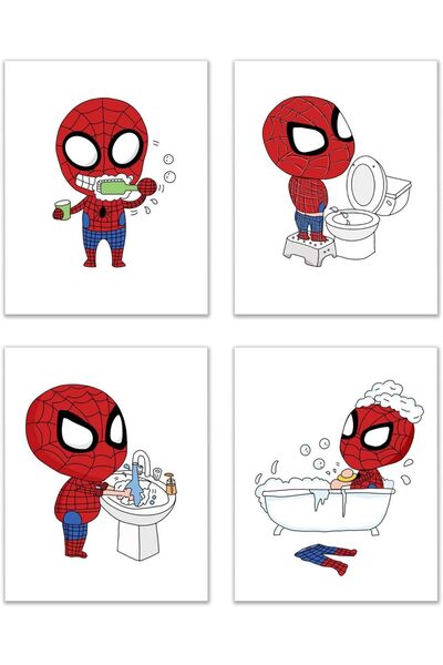 Today Idea حمام سبايدر مان - مجموعة من 4 قطع (8 بوصات × 10 بوصات) ديكور فني ل...