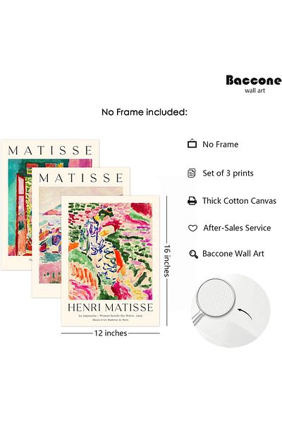 Generic Henri Matisse Wall Art Prints Set of 3 - Aesthetic Canvas Wall Decor - Abstract Pink Picture Vintag
