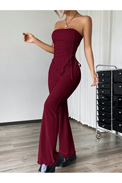 Wild Flower Burgundy Strapless Gathered Asymmetrical Flared Leg Bottom Top Set