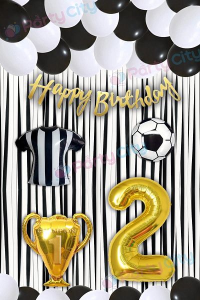 Party City 2 Years Old Black and White Birthday Party Ornaments |   Football Themed Balloon and Backdrop Set
