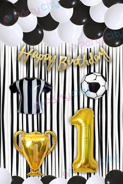 Party City 1 Year Old Black and White Birthday Party Ornaments |   Football Themed Balloon and Backdrop Set