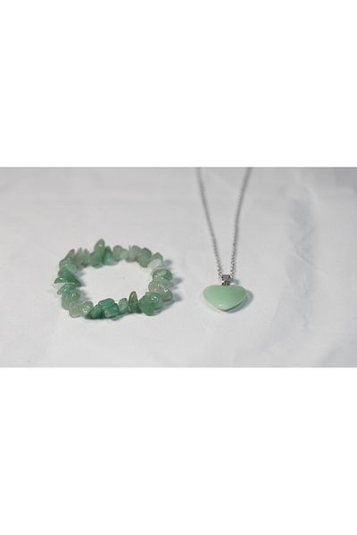 Efulim Hediyelik Natural Stone Double Set - Aventurine Bracelet & Heart Jade Necklace - Healing and Harmony Combination
