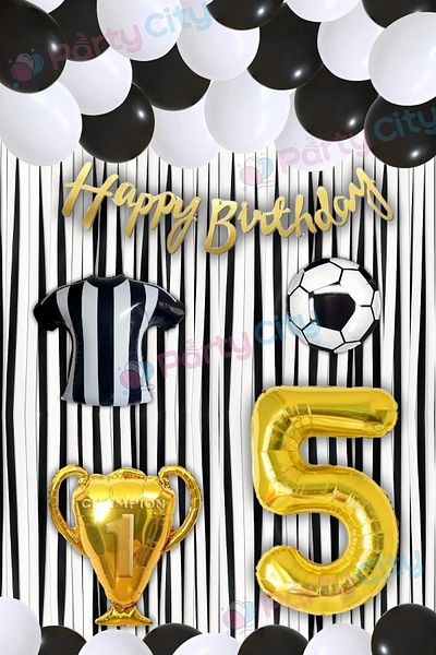 Party City 5 Years Old Black and White Birthday Party Ornaments |   Football Themed Balloon and Backdrop Set