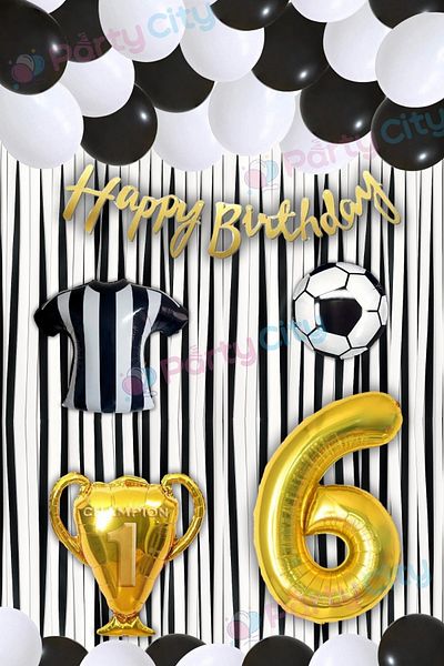 Party City 6 Years Old Black and White Birthday Party Ornaments |   Football Themed Balloon and Background Set