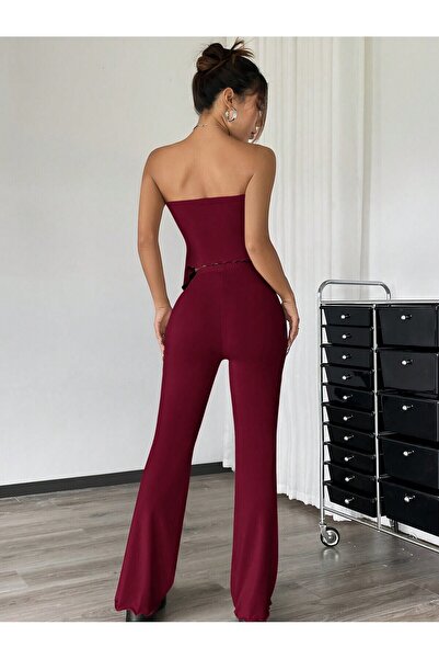 Wild Flower Burgundy Strapless Gathered Asymmetrical Flared Leg Bottom Top Set