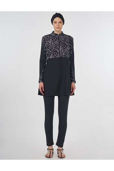 Kayra Complex Patterned Hijab Swimsuit Black