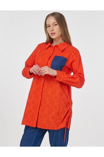 Kayra Denim Garnished Cotton Tunic Coral