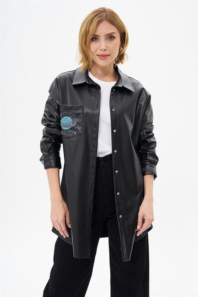 Kayra Print Detailed Faux Leather Tunic Black