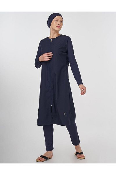 Kayra Waist Gathered Hijab Swimsuit Navy Blue