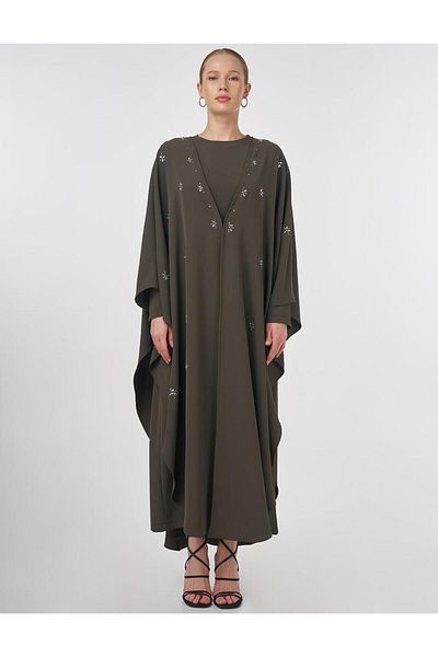 Kayra Πέτρινο Κεντημένο Σετ Abaya Χακί