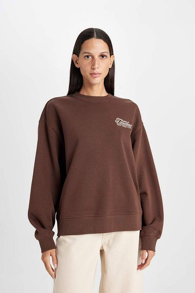 DeFacto Relax Fit Crew Neck Slogan Παχύ φούτερ με στάμπα D3136AX24WN