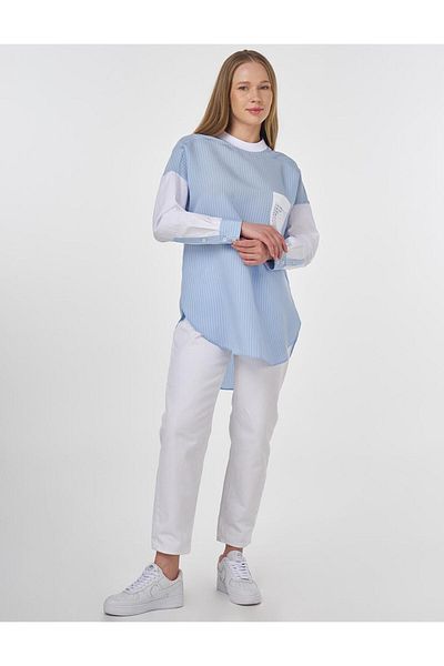 KYR Lace Appliqued Stripe Pattern Tunic Dust Smoke