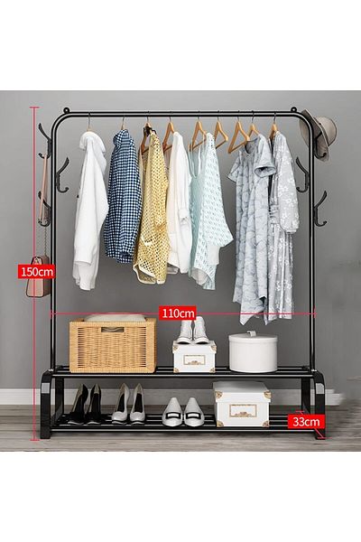 Saharaz Metal Clothes Hanger With 2 Storage Shelves, Hooks, 110x54x150cm, Organizer for Hanging Clothes