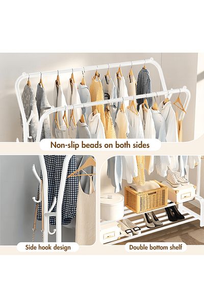 Saharaz Metal Double Clothes Rack With Storage Shelves, Hooks, 110x34x148cm, Organizer for Hanging Clothes