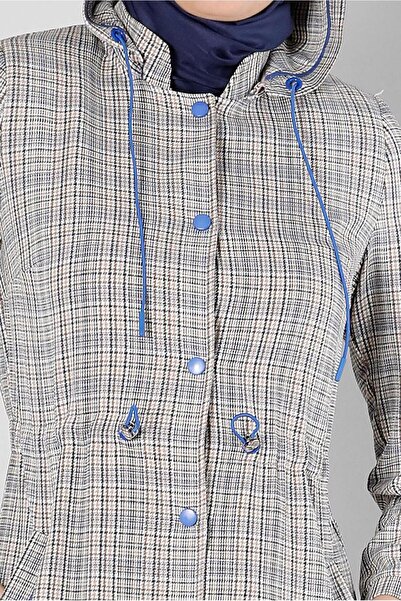 Alvina Beli Büzgülü Ekose Trençkot 10583