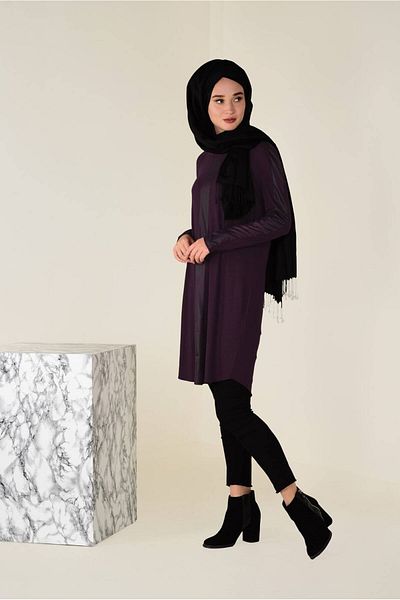 Alvina Striped Sleeves Cycling Collar Tunic 4615