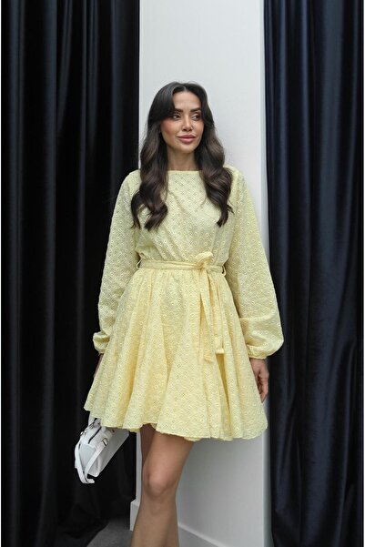 Havoş Yellow Mantua Belted Scallop Dress