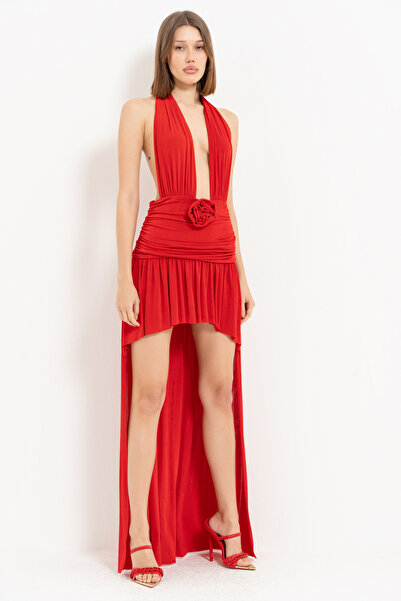 Kikiriki Kırmızı Boyundan Bağlamalı Önü Kısa Arkası Uzun Elbise