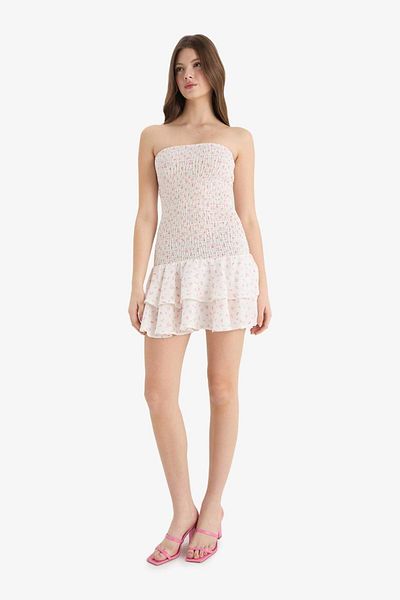 DeFacto Fitted Strapless Floral Gimped Mini Dress F5115Ax25Sm