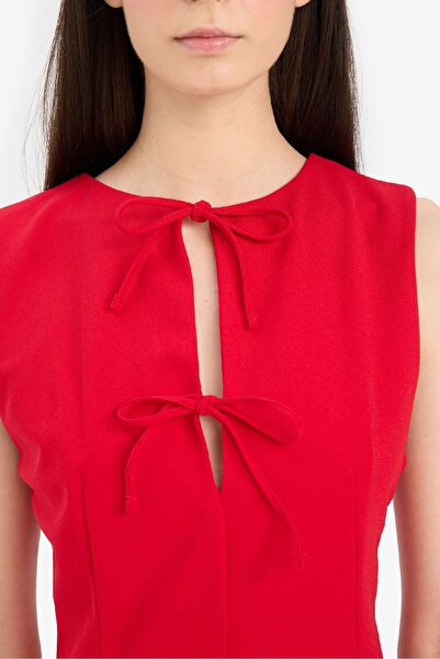 DeFacto Crew Neck Pleated Crepe Sleeveless Mini Red Summer Dress F6502Ax25Sm