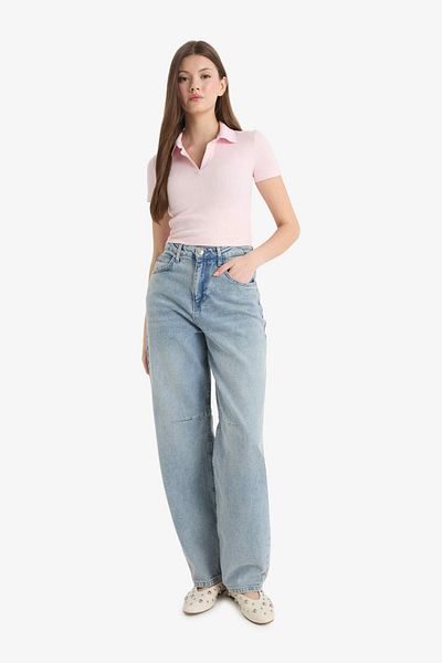 DeFacto Fitted Polo Neck Ribbed Camisole Short Sleeve T-Shirt A0379Ax25Sm