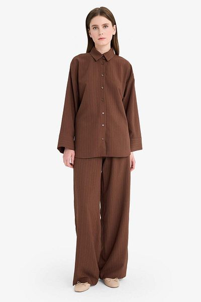 DeFacto Relax Fit 2'Li Set Seersucker Textured Long Sleeve Shirt Pants F4094Ax25Sm