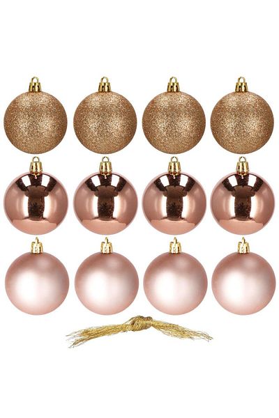 Springos Set of 12 Christmas baubles, 6 cm, with string, matte, glitter, shiny, rose gold
