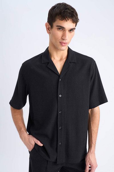 DeFacto Relax Fit Polo γιακά βαμβακερό καλοκαιρινό κοντομάνικο μαύρο πουκάμισο D8875ax25sm