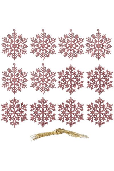 Springos Set of 12 Snowflake Christmas Tree Decorations, 10 Cm, With String, Pink